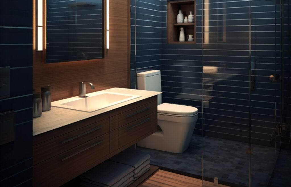 Bathroom with navy vanity and patterned tile for modern design.