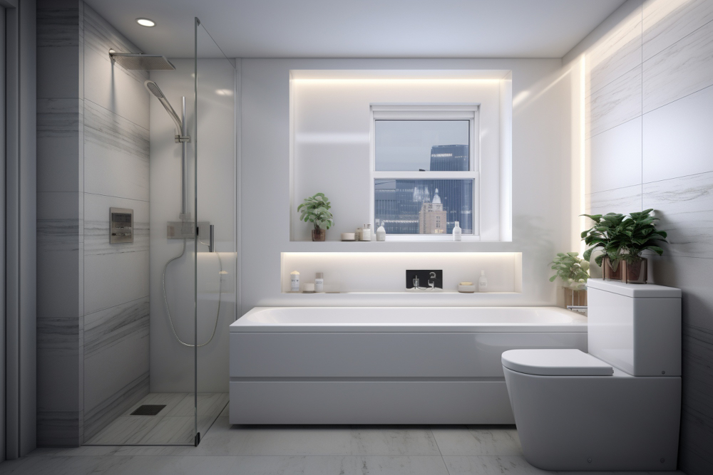 Minimalist bathroom with frameless glass shower and matte black fixtures.