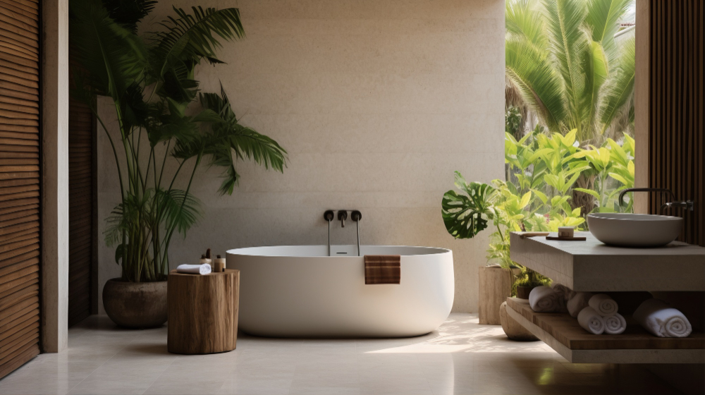 Eco-friendly bathroom with wood vanity and natural stone countertop.