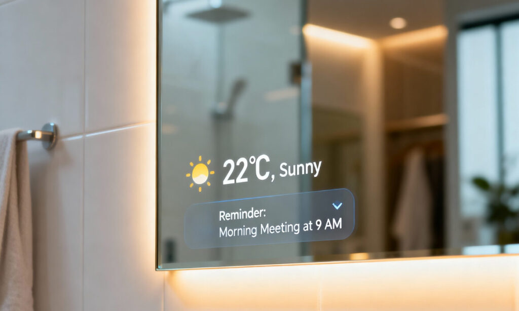 Modern bathroom with smart mirror and LED lighting.