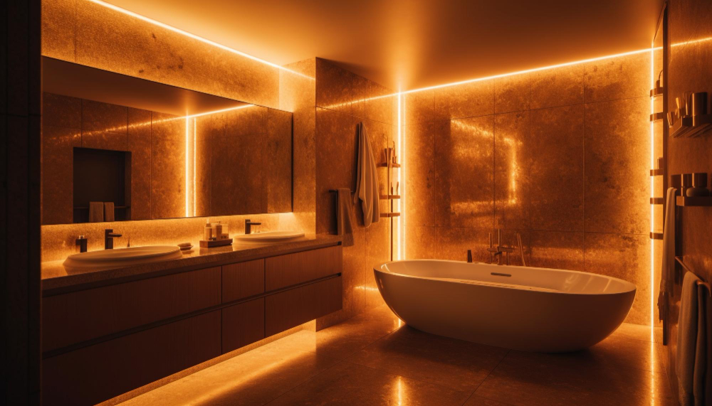 Bathroom with statement lighting and gold fixtures.