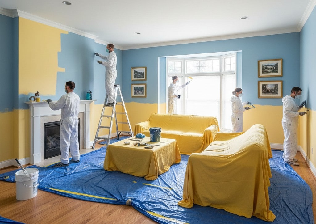 A team of professional interior house painters in white suits painting a living room with dandelion yellow and blue accents, featuring protected furniture and floors.