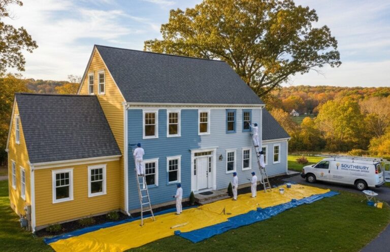 Professional painters in white overalls using ladders to paint a colonial-style house in signature dandelion yellow and blue colors, with a Southbury House Painting Experts van parked nearby.