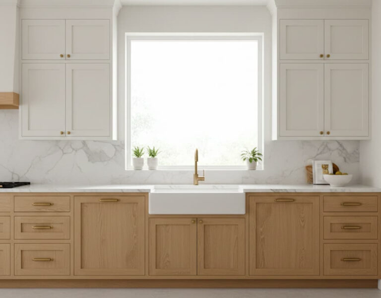 Modern kitchen remodel featuring white oak wood cabinetry, marble countertops, and a farmhouse sink in a Southbury, CT home.
