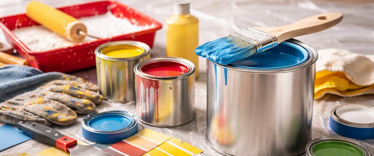 A variety of paint cans and tools on a plastic-covered floor. A brush with blue paint rests on a can, surrounded by colorful swatches and a roller.
