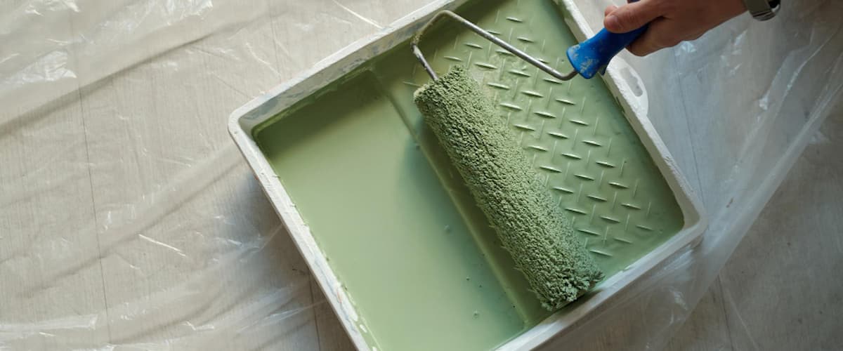 Paint roller dipped in green paint tray preparing for wall painting