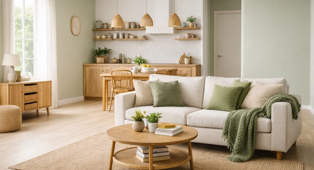 Eco-friendly and cozy living room with a beige sofa, green cushions, and a knitted blanket. Wooden furniture and plant decor add warm, natural accents. Soft lighting creates a serene ambiance.
