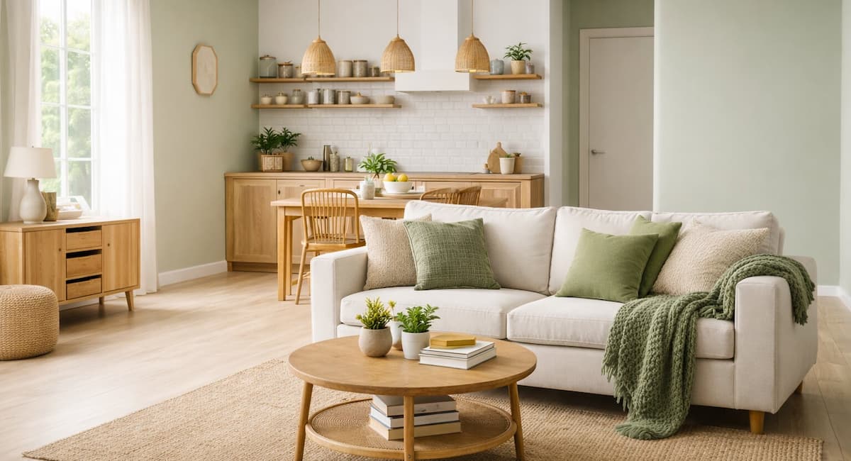 Eco-friendly and cozy living room with a beige sofa, green cushions, and a knitted blanket. Wooden furniture and plant decor add warm, natural accents. Soft lighting creates a serene ambiance.