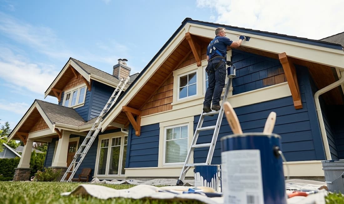 A worker stands on a ladder painting the exterior of a house with blue siding and white trim.