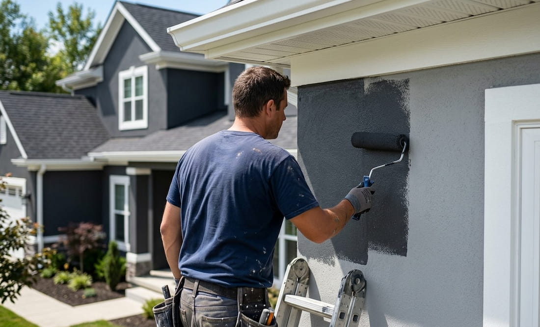 A man paints a house exterior dark gray with a roller on a sunny day.