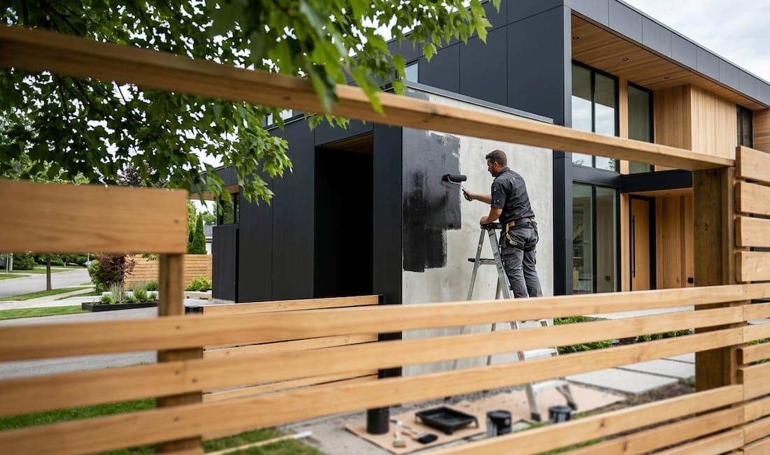 A professional painter stands on a ladder, painting the dark exterior of a modern house.
