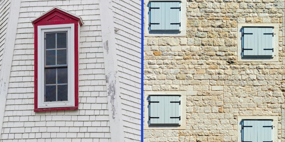 Side-by-side visual comparison of whitewash versus natural stone brick textures on home exteriors.
