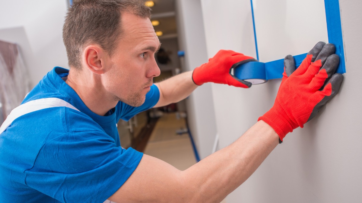 A painter wearing red gloves applying blue painter's tape