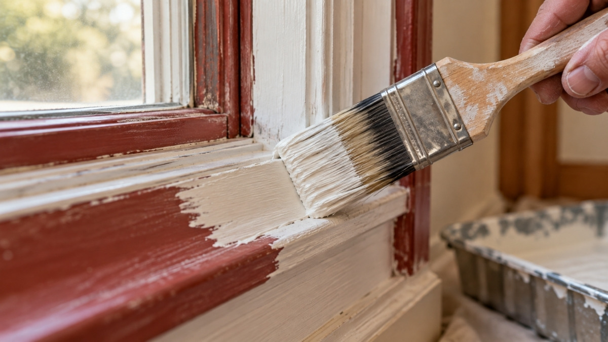 applying creamy off-white primer over a previously painted wooden window frame