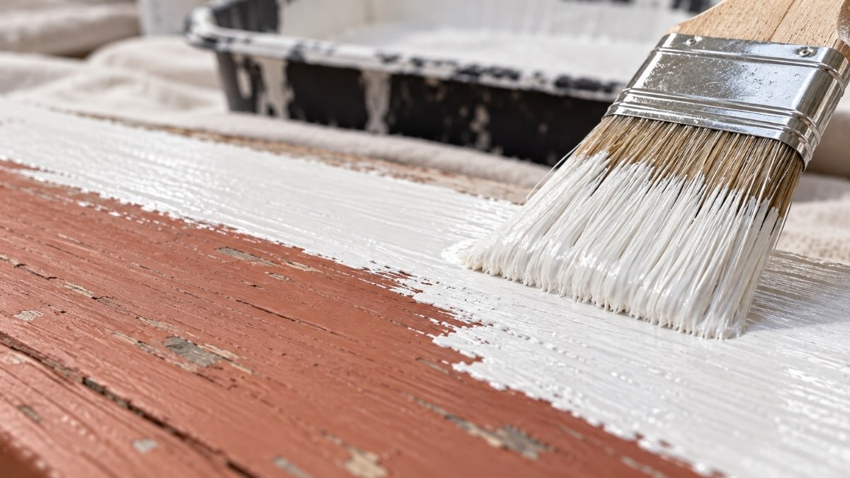 paintbrush actively spreading creamy white primer