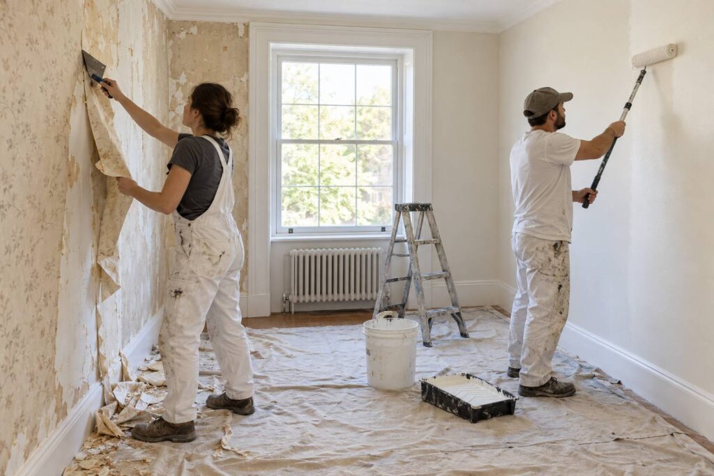 Two individuals painting a room with white walls, focused on applying fresh paint with rollers.