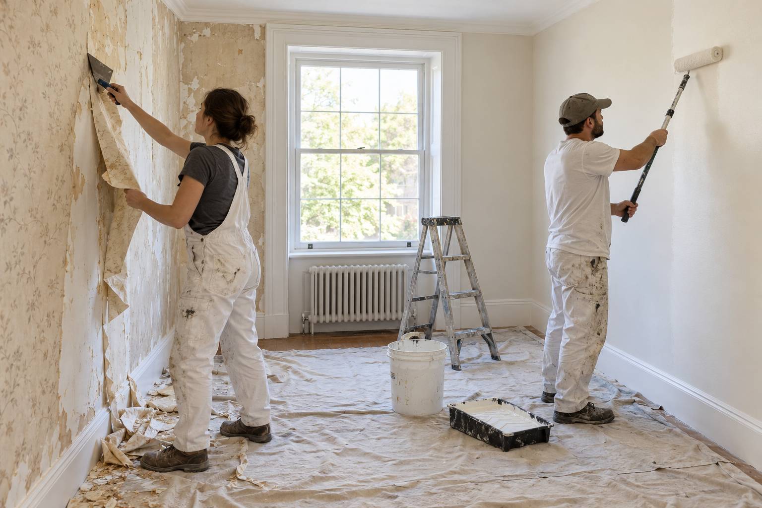 Two individuals painting a room with white walls, focused on applying fresh paint with rollers.