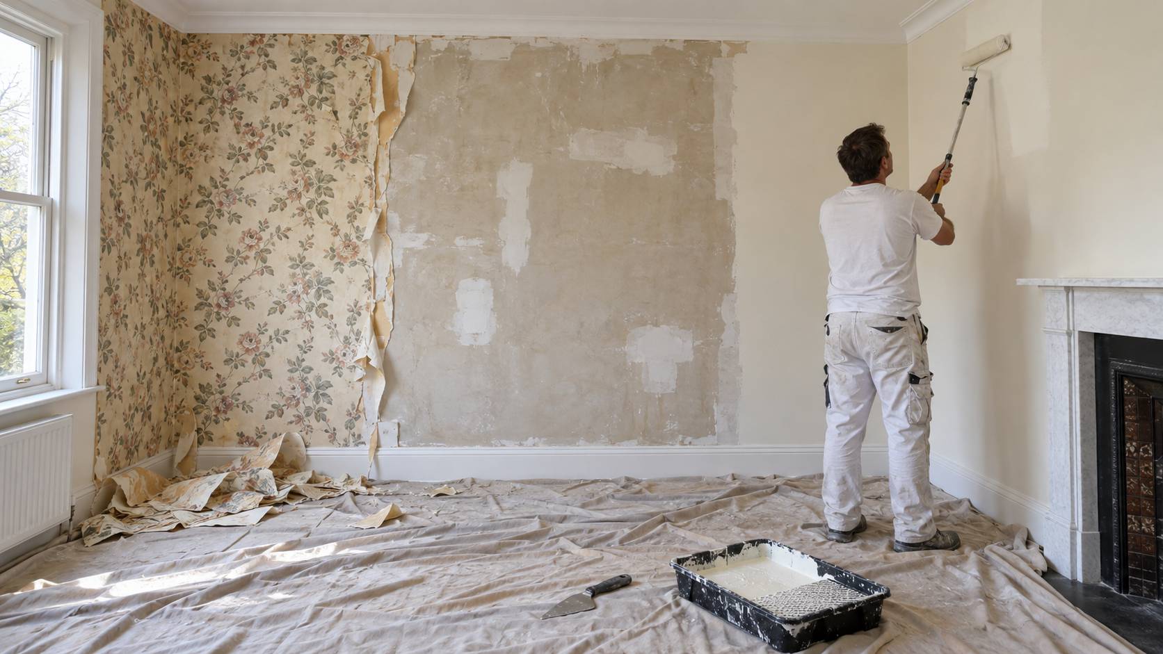Construction worker wearing a gas mask and hard hat applying plaster to a wall indoors, representing wall repair after wallpaper removal.