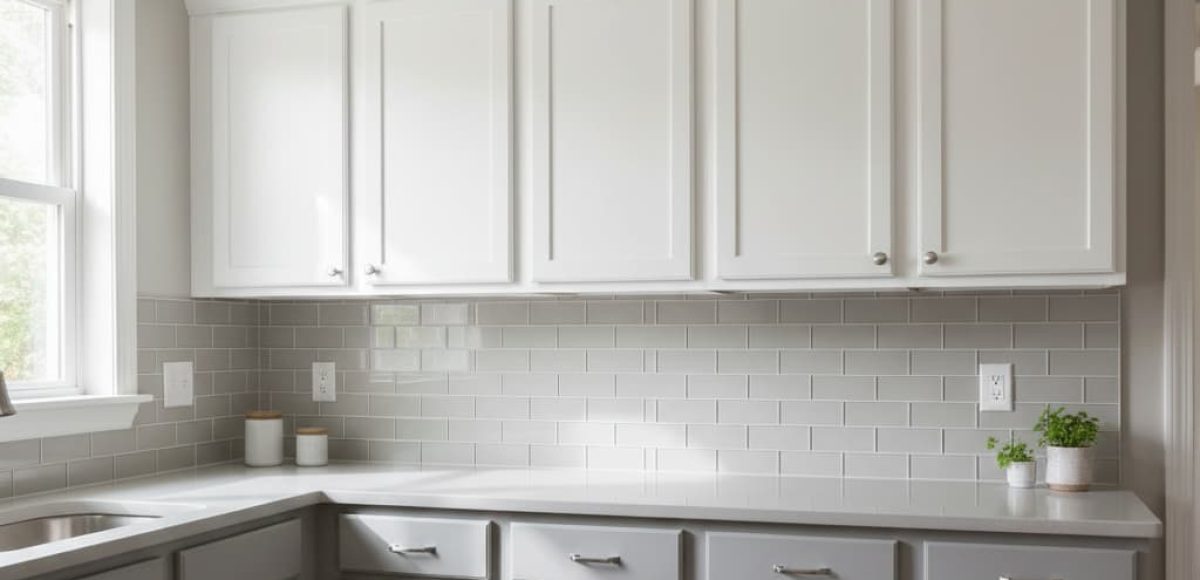 Modern kitchen featuring white upper cabinets and gray lower cabinets with a gray subway tile backsplash and white countertops.