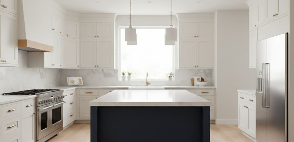 Bright white kitchen with a navy blue island, pendant lights, and stainless steel appliances.
